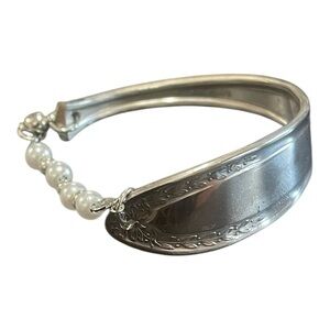 Silver and White Open-Ended Bracelet with Pearl Accents made from vintage silver